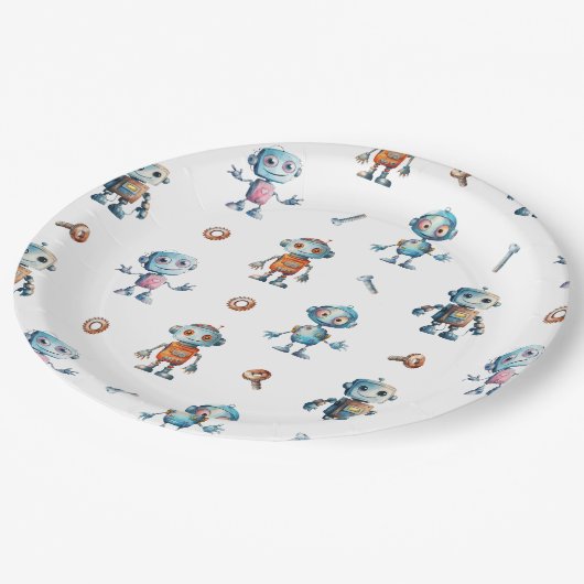 Moderne Niedliche Roboterkids Pappteller (Schrägansicht)