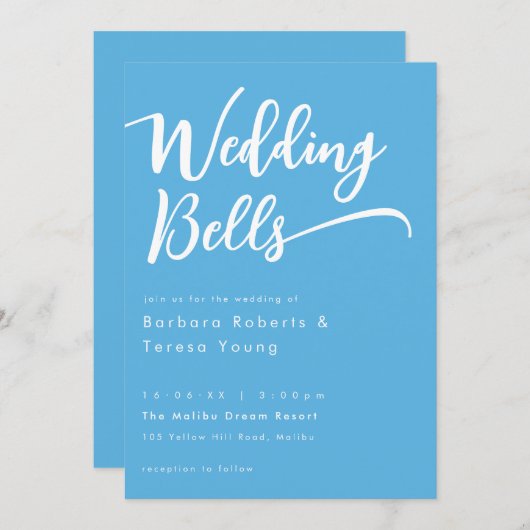Moderne Niedliche Sky Blue Bells Script Hochzeit Einladung (Vorne/Hinten)