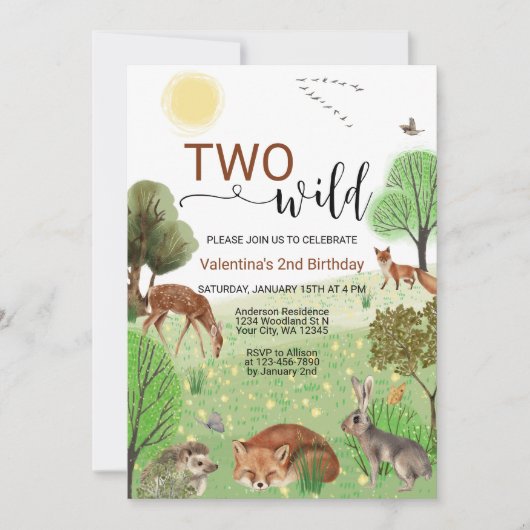 Moderne Niedliche Waldtiere 2. Geburtstag Einladung (Vorderseite)