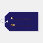 Moderne niedliche Weihnachtgold-Rentiere auf blau Geschenkanhänger (Rückseite Horizontal)