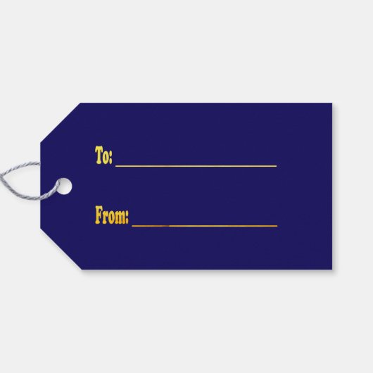 Moderne niedliche Weihnachtgold-Rentiere auf blau Geschenkanhänger (Rückseite Horizontal)