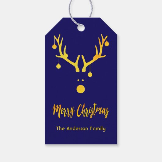 Moderne niedliche Weihnachtgold-Rentiere auf blau Geschenkanhänger (Vorderseite)