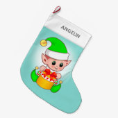 Moderne niedliche Weihnachtself auf hellblau Großer Weihnachtsstrumpf (Vorderansicht (hängend))