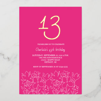 Moderne Niedliche Wildblumen 13. Geburtstag Folieneinladung