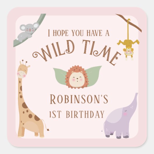 Moderne Niedliche Wildtiere 1. Geburtstag Quadratischer Aufkleber (Vorderseite)