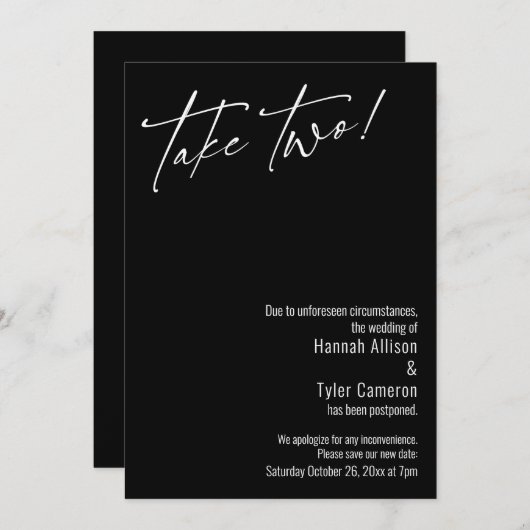 Moderne Nimm zwei! Schwarz-Postponierte Hochzeitka Einladung (Vorne/Hinten)