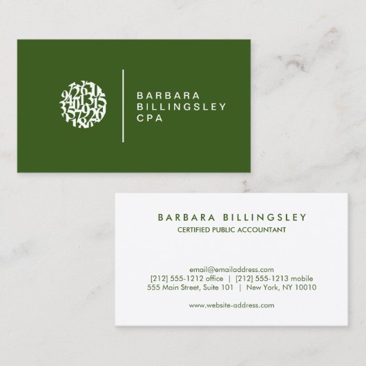 Moderne Nummern Logo-Buchhalter dunkelgrün Visitenkarte (Vorne/Hinten)