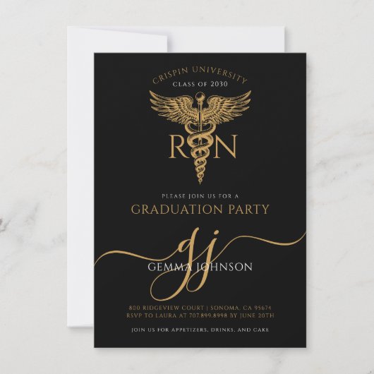 Moderne Nurse Graduation Party Gold Script Schwarz Einladung (Vorderseite)