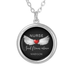 Moderne Nurse Rotes Herz Angel Wings Personalisier Versilberte Kette