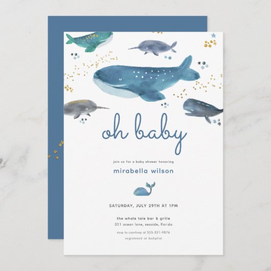 Moderne Ocean Whale Baby Dusche Einladung (Vorne/Hinten)