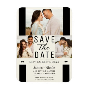 Moderne Off White Save-the-Date-Hochzeit mit 3 Fot Magnet