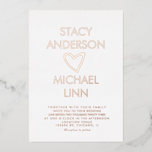 Moderne offene Herz Hand gezeichnet Hochzeit gepre Folieneinladung (Vorderseite)