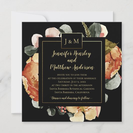 Moderne Oktoberblüte auf Black Monogram Wedding Einladung (Vorderseite)