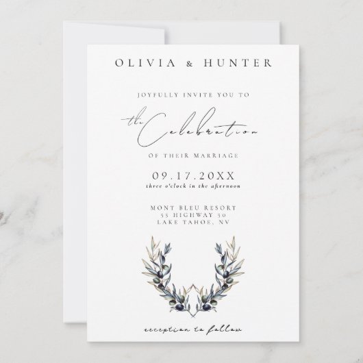 Moderne Olive Branch Black and White Foto Hochzeit Einladung (Rückseite)