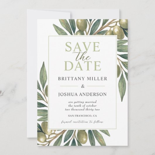 Moderne Olive Branch Hochzeit Save The Date (Vorderseite)