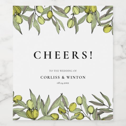 Moderne Olive Branch Hochzeit Weinetikett (Einzelnes Label)