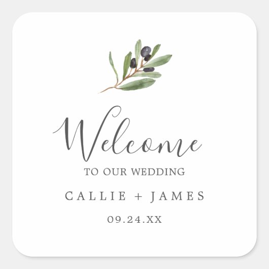 Moderne Olive Branch Wedding Willkommen Quadratischer Aufkleber (Vorderseite)