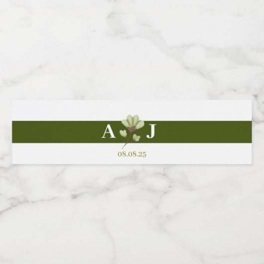 Moderne Olive Green Boho Blumenhochzeit Wasserflaschenetikett (Einzelnes Label)