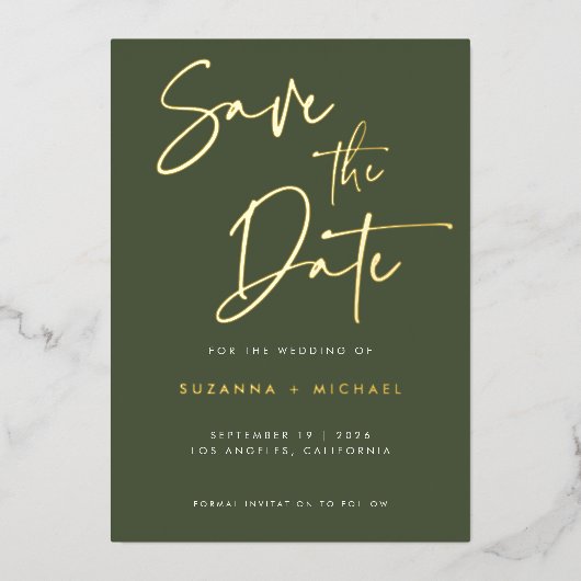 Moderne Olive Green Calligraphy Script Wedding Folieneinladung (Vorderseite)