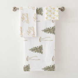 Moderne Olive Green Christmas Trees & Bows Badhandtuch Set