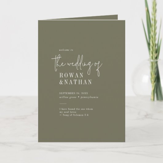 Moderne Olive Green Folded Wedding Programm (Vorderseite)