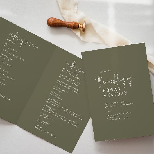 Moderne Olive Green Folded Wedding Programm