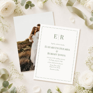 Moderne Olive Green Monogram & Foto Wedding Einladung