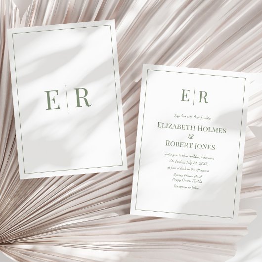 Moderne Olive Green Monogram Non Foto Wedding Einladung