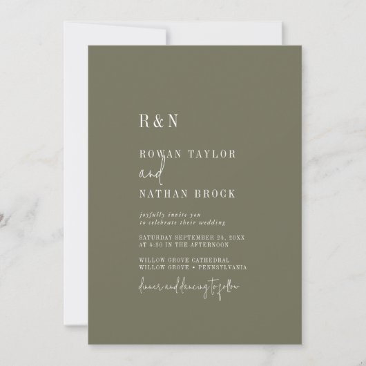 Moderne Olive Green Monogram Wedding Einladung (Vorderseite)