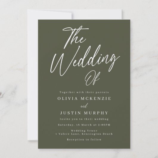 Moderne Olive Green Script Wedding Einladung (Vorderseite)