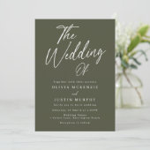 Moderne Olive Green Script Wedding Einladung (Stehend Vorderseite)