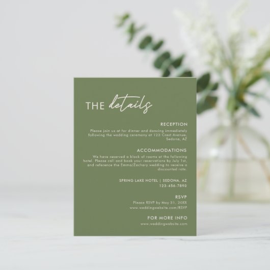Moderne Olive Green Wedding Details Begleitkarte (Stehend Vorderseite)