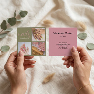 Moderne Olive-Grün Pink Schrift 3 Foto Nagelstudio Quadratische Visitenkarte