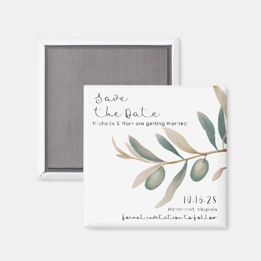 Moderne Olive Zweigstelle Wasserfarbe Save the Dat Magnet (Vorderseite/Rückseite)