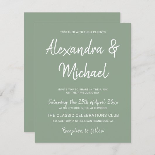 Moderne Oliven-grüne Hochzeitseinladung (Vorne/Hinten)