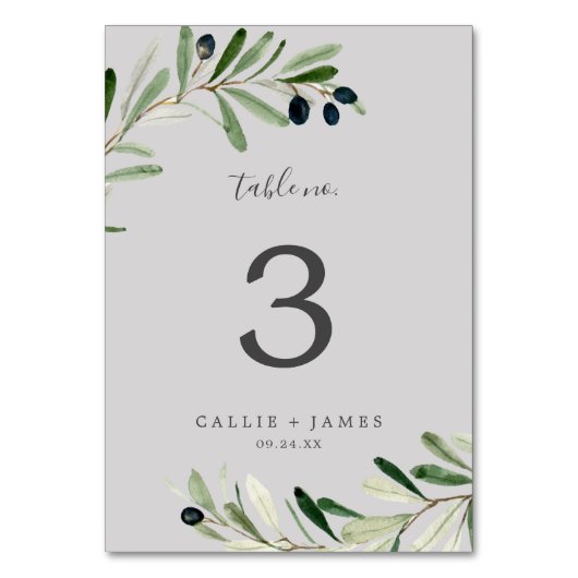 Moderne Olivenzweigstelle | Graue Tischnummer (Vorderseite)