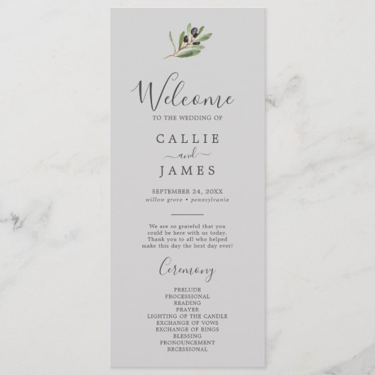 Moderne Olivenzweigstelle | Gray Wedding Program Programm (Vorderseite)