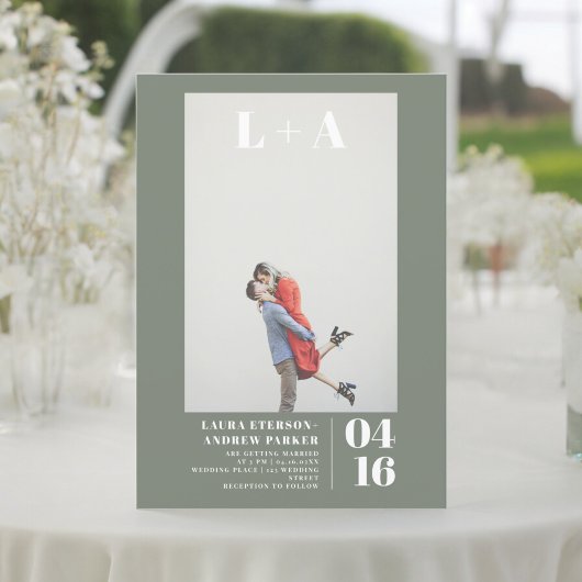 Moderne Olivgrün einfache Initialen Foto Hochzeit Einladung
