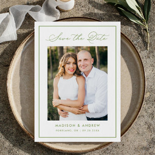 Moderne Olivgrün-Rand-Schriftfoto-Hochzeit Save The Date
