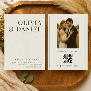 Moderne olivgrüne Hochzeit mit QR-Code-Foto Einladung