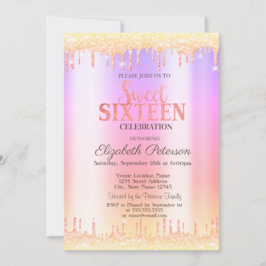Moderne Ombre Glitzer Tropfen Sweet 16 Einladung (Vorderseite)