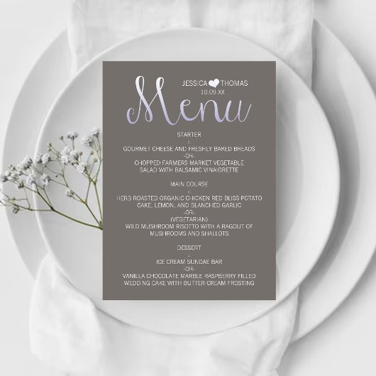 Moderne Ombré Typografie Lila & Gray Wedding Menükarte