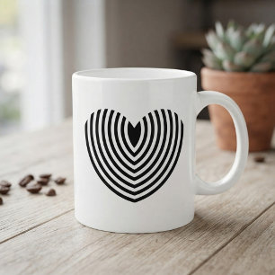 Moderne Op-Art-Konzentrische Schwarz-Weiß-Herz Tasse