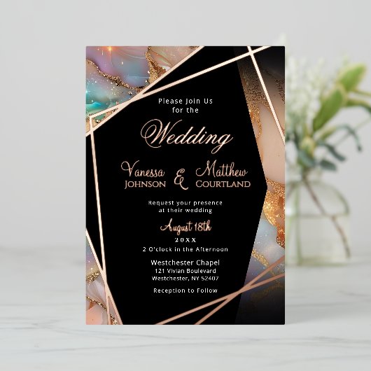 Moderne Opal Glitzer Geometric Frame Wedding Folieneinladung (Stehend vorne)