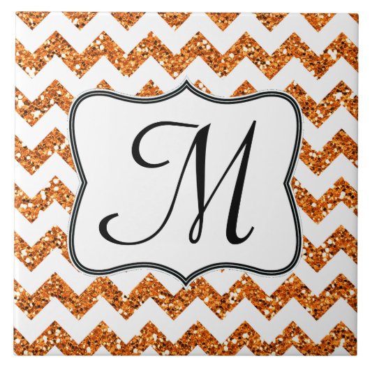 Moderne Orang-Glitzer-Zickzack-Monogramm-Anzeigeta Fliese (Vorderseite)