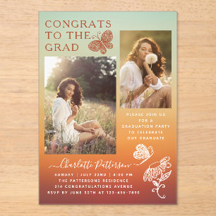 Moderne Orange Butterfly Foto Graduation Party Acryleinladungen