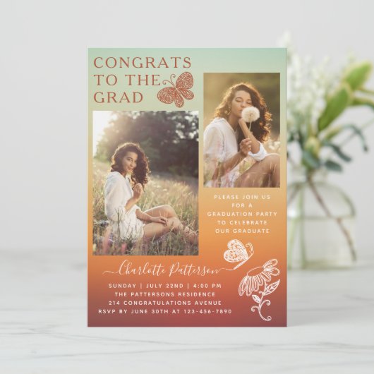 Moderne Orange Butterfly Foto Graduation Party Einladung (Stehend Vorderseite)