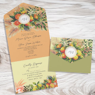Moderne Orange Citrus Frucht Hochzeit All In One Einladung