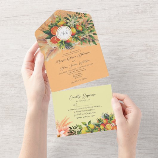 Moderne Orange Citrus Fruchthochzeit All In One Einladung (Abreißen)