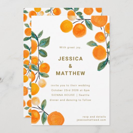 Moderne Orange Citrus Fruit Simple Wedding Einladung (Vorne/Hinten)